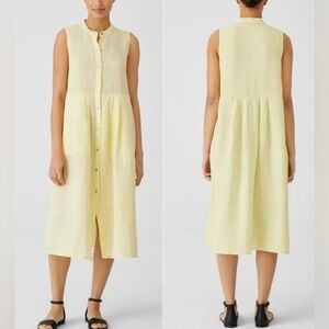 Eileen Fisher Garment-Dyed Organic Handkerchief Linen Pleated Dress XS Yellow